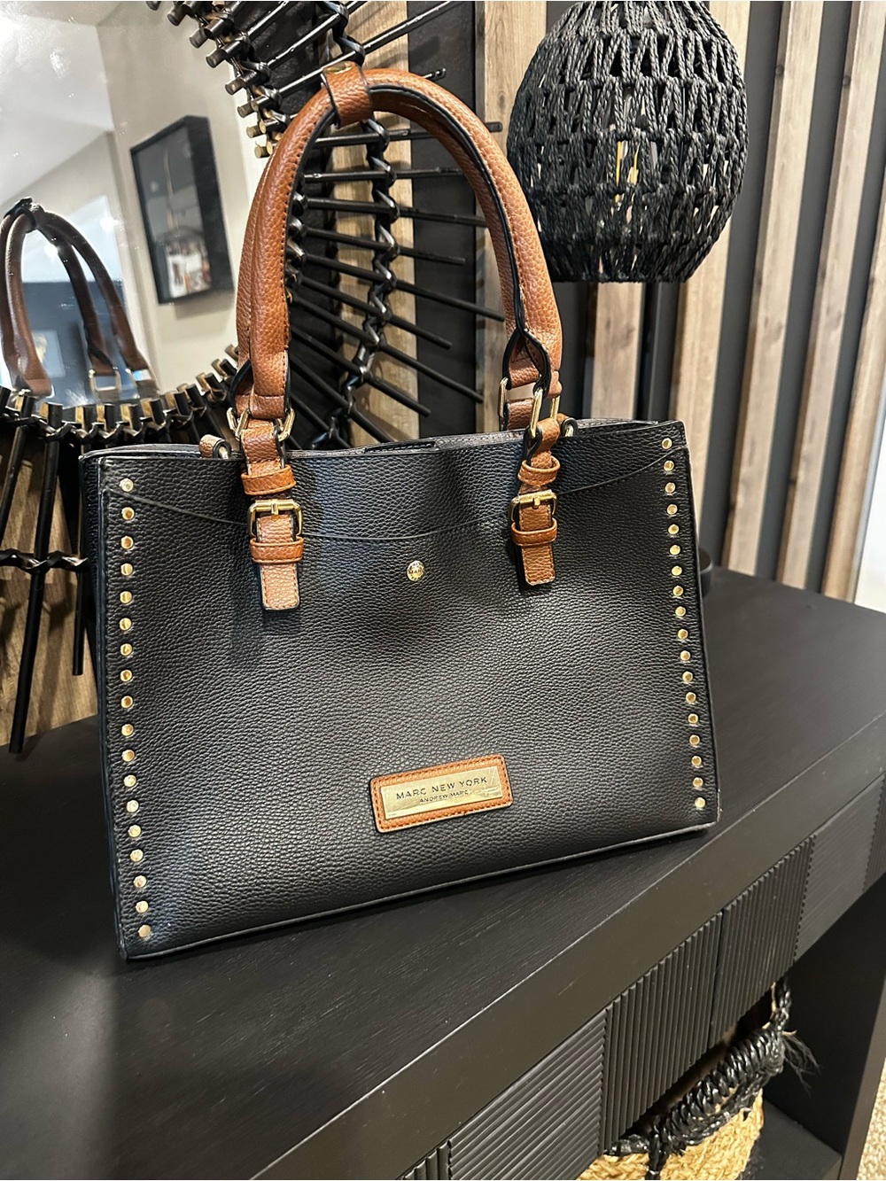 Marc New York Black Pebbled Tote with Brown Handles & Gold Studs